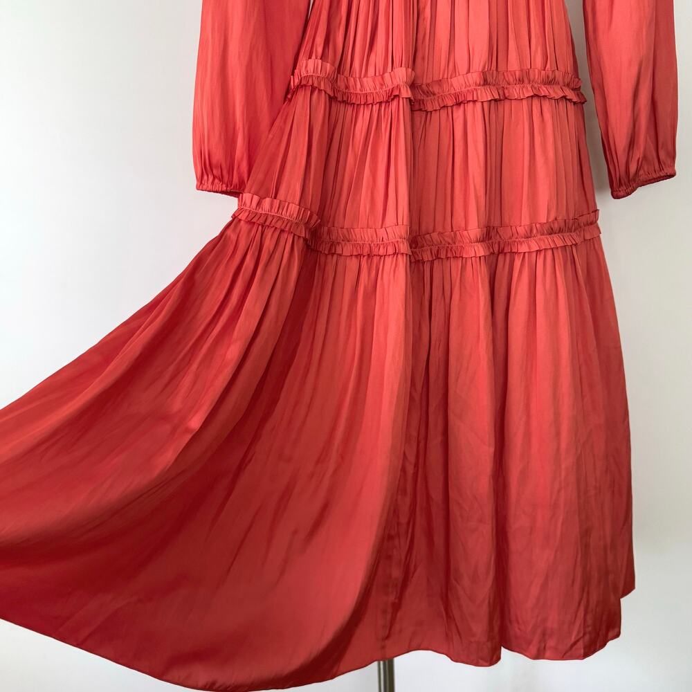 Elie Tahari Satin Ruffle Midi Dress Tiered Long Sleeves in Wild Flower 2 NWT - Picture 4 of 12